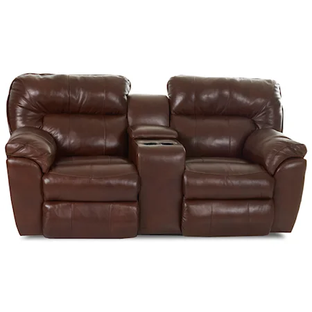 Casual Power Reclining Love Seat with Pillow Top Arms and Storage Console